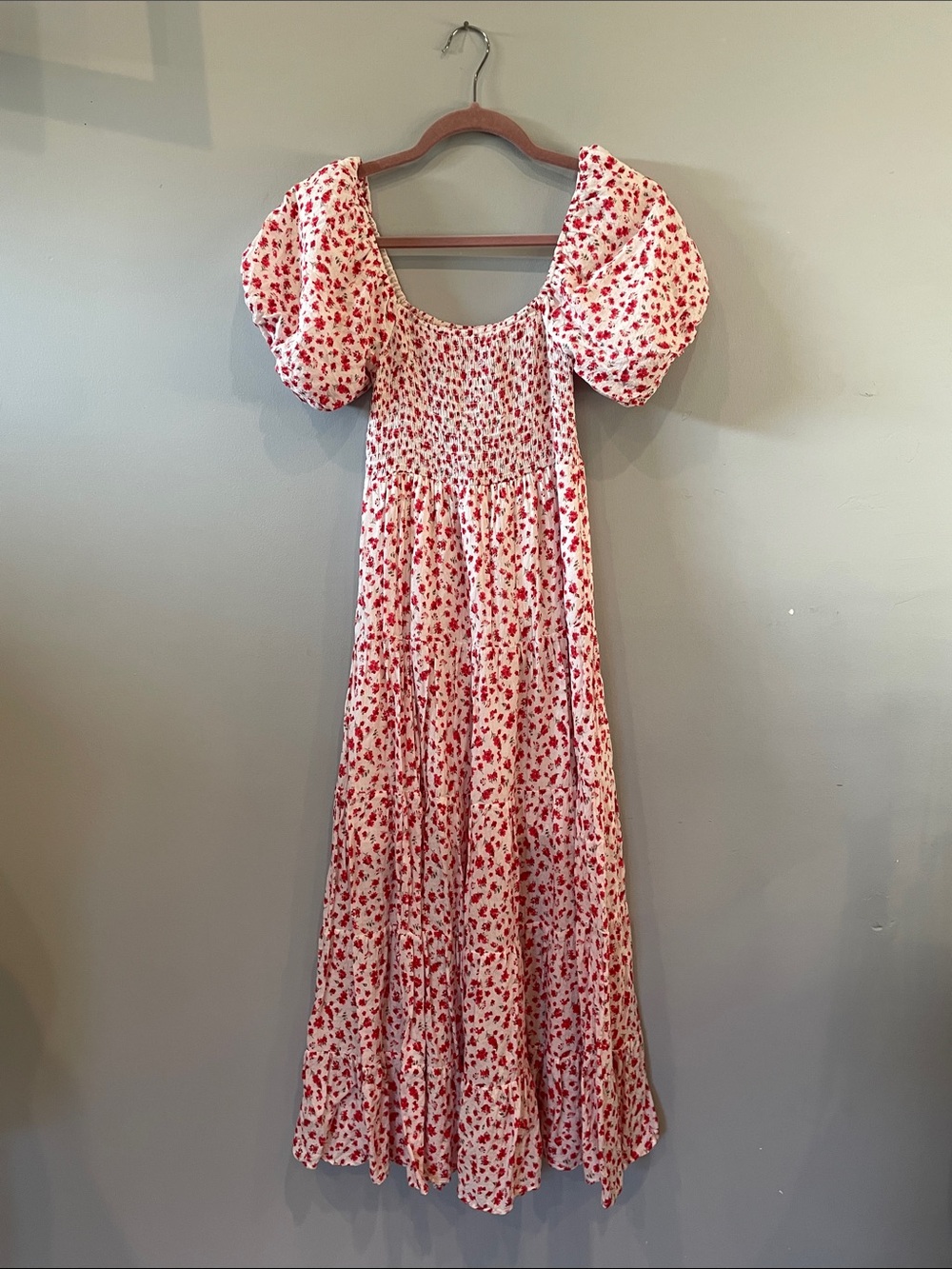Altar'd State White Maxi Dress with Red + pink Floral Print and Puff Sleeves
